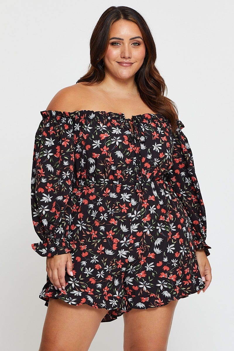 Floral Print Playsuit Off Shoulder Long Sleeve - Image 3