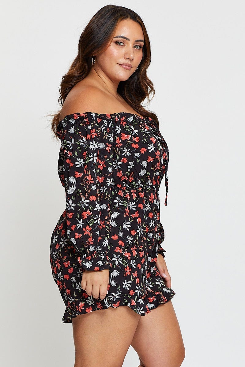 Floral Print Playsuit Off Shoulder Long Sleeve - Image 4