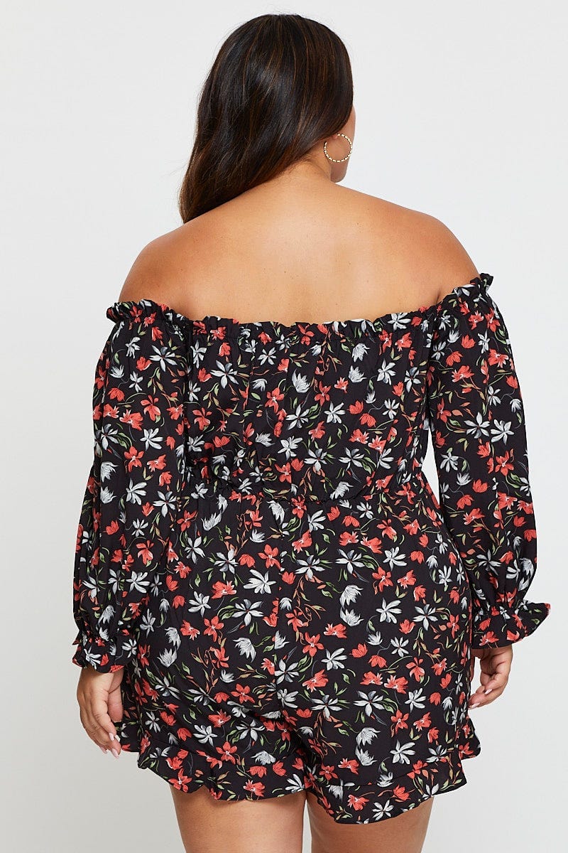 Floral Print Playsuit Off Shoulder Long Sleeve - Image 5
