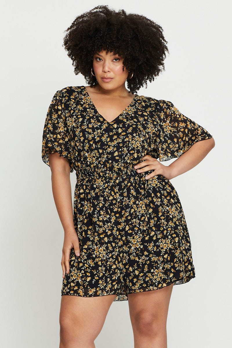 Floral Print Playsuit V-neck Short Sleeve