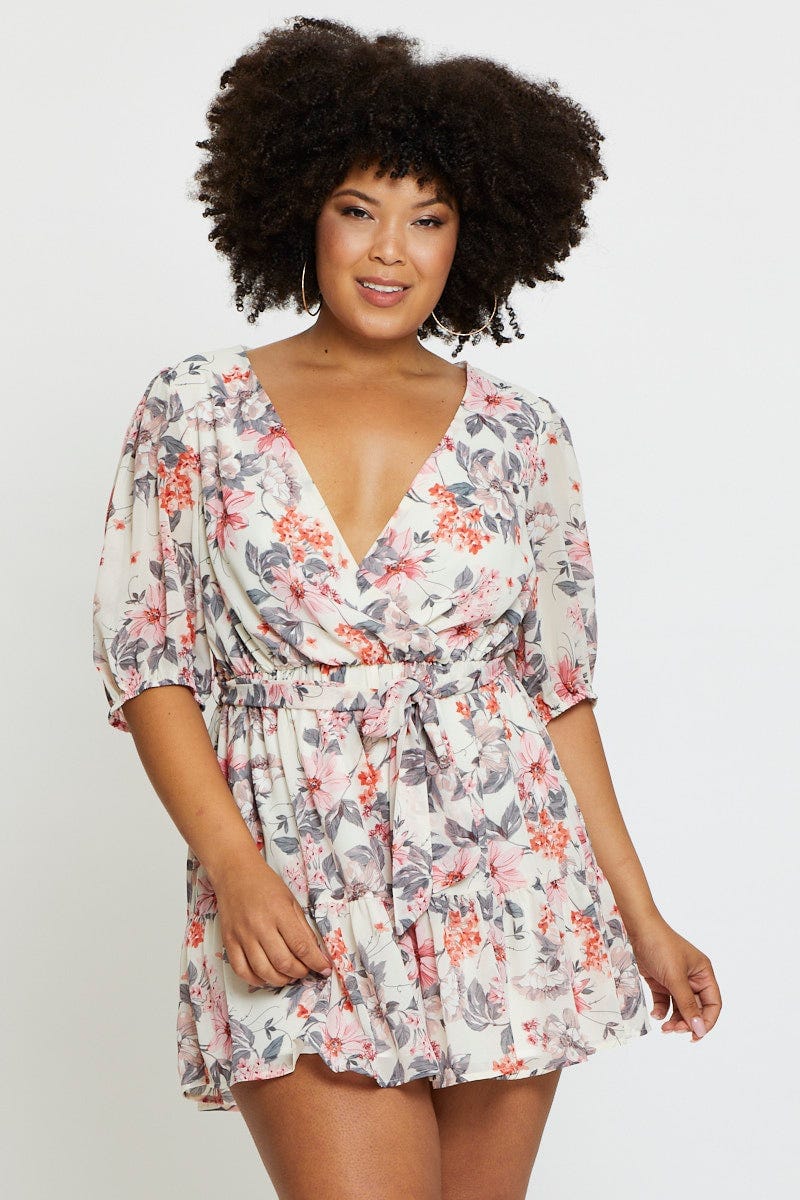 Floral Print Playsuit V-neck Short Sleeve Ruffle Hem - Image 3
