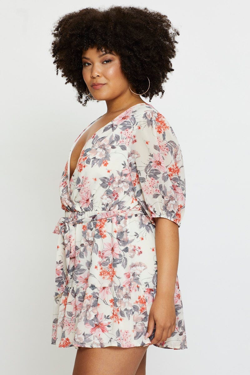 Floral Print Playsuit V-neck Short Sleeve Ruffle Hem - Image 4