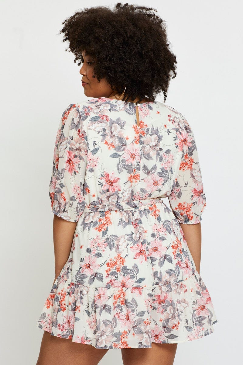 Floral Print Playsuit V-neck Short Sleeve Ruffle Hem - Image 5