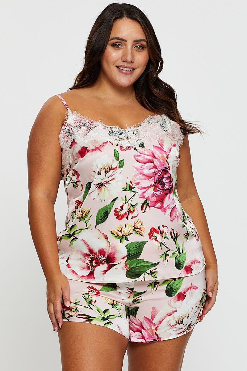 Floral Print Satin Lace Satin Cami Pj Pyjama Set - Image 3