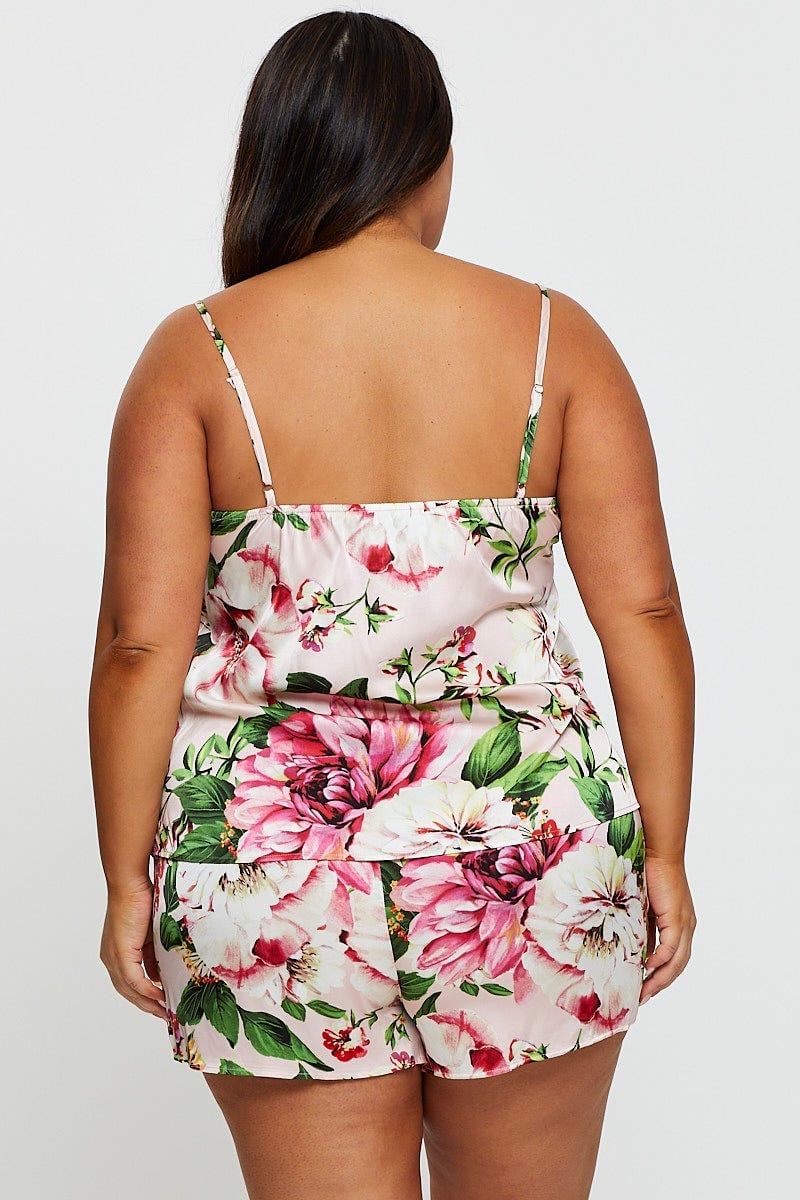 Floral Print Satin Lace Satin Cami Pj Pyjama Set - Image 5