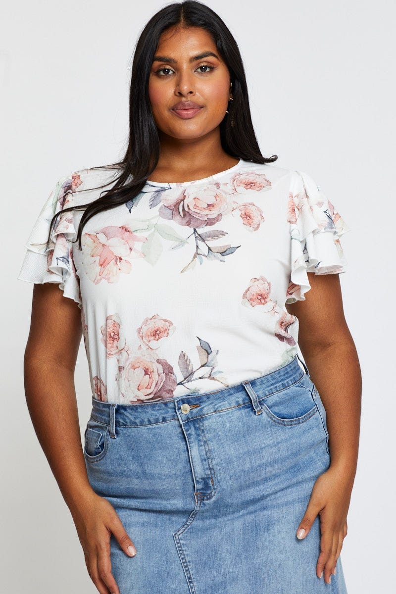 Floral Print Shell Top Short Sleeve Ruffle