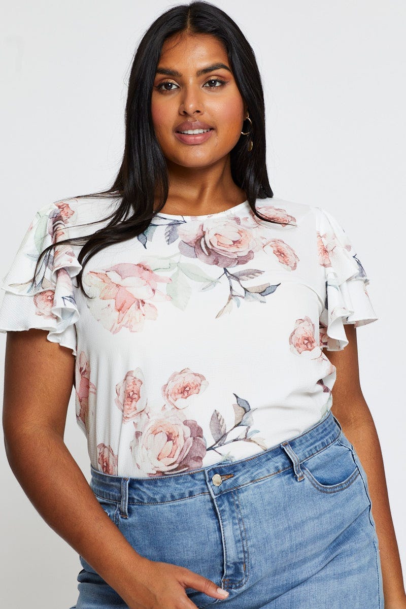Floral Print Shell Top Short Sleeve Ruffle - Image 3