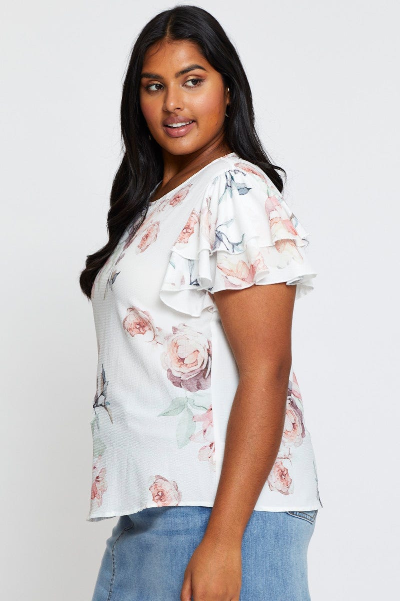 Floral Print Shell Top Short Sleeve Ruffle - Image 4