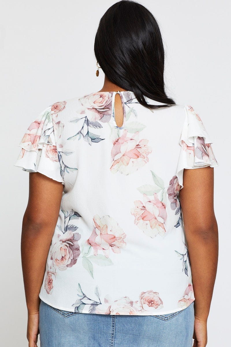 Floral Print Shell Top Short Sleeve Ruffle - Image 5