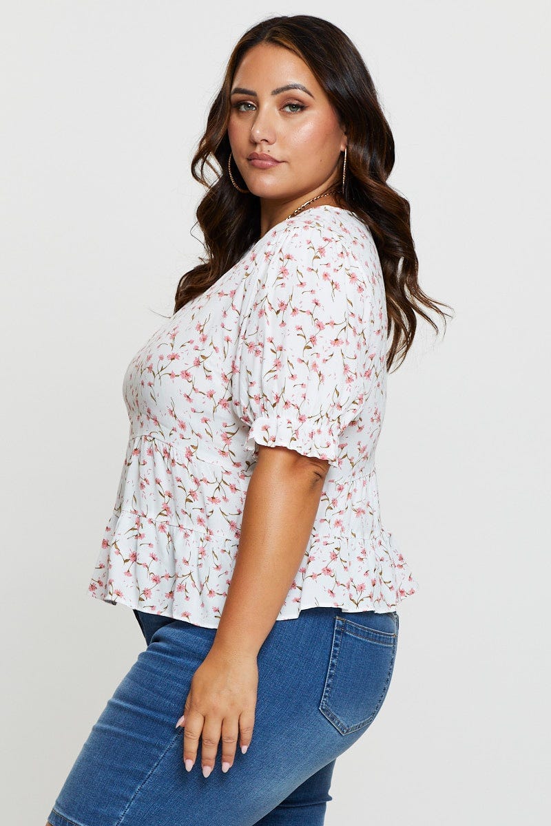 Floral Print Shell Top Short Sleeve Tiered - Image 3