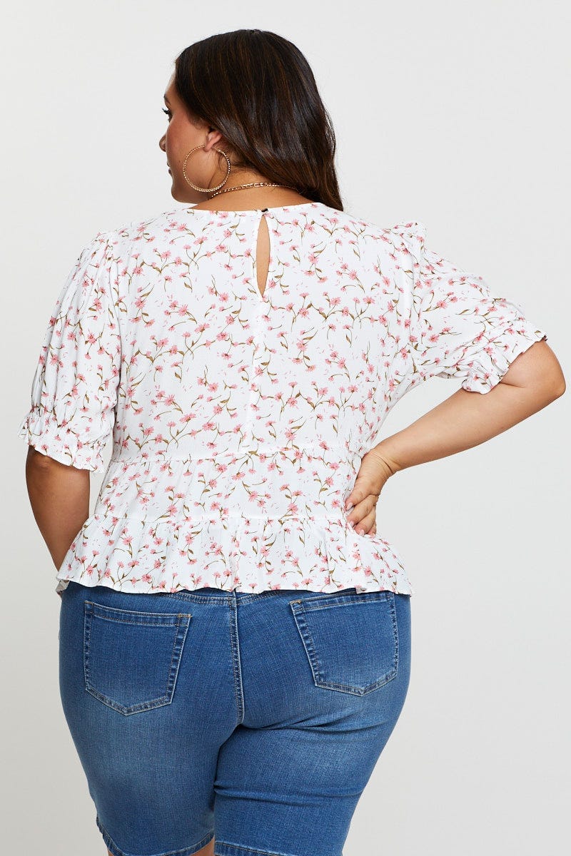 Floral Print Shell Top Short Sleeve Tiered - Image 4