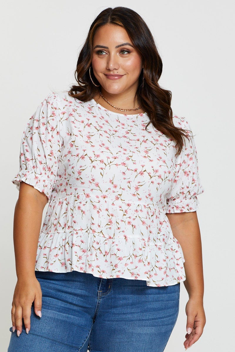 Floral Print Shell Top Short Sleeve Tiered - Image 6