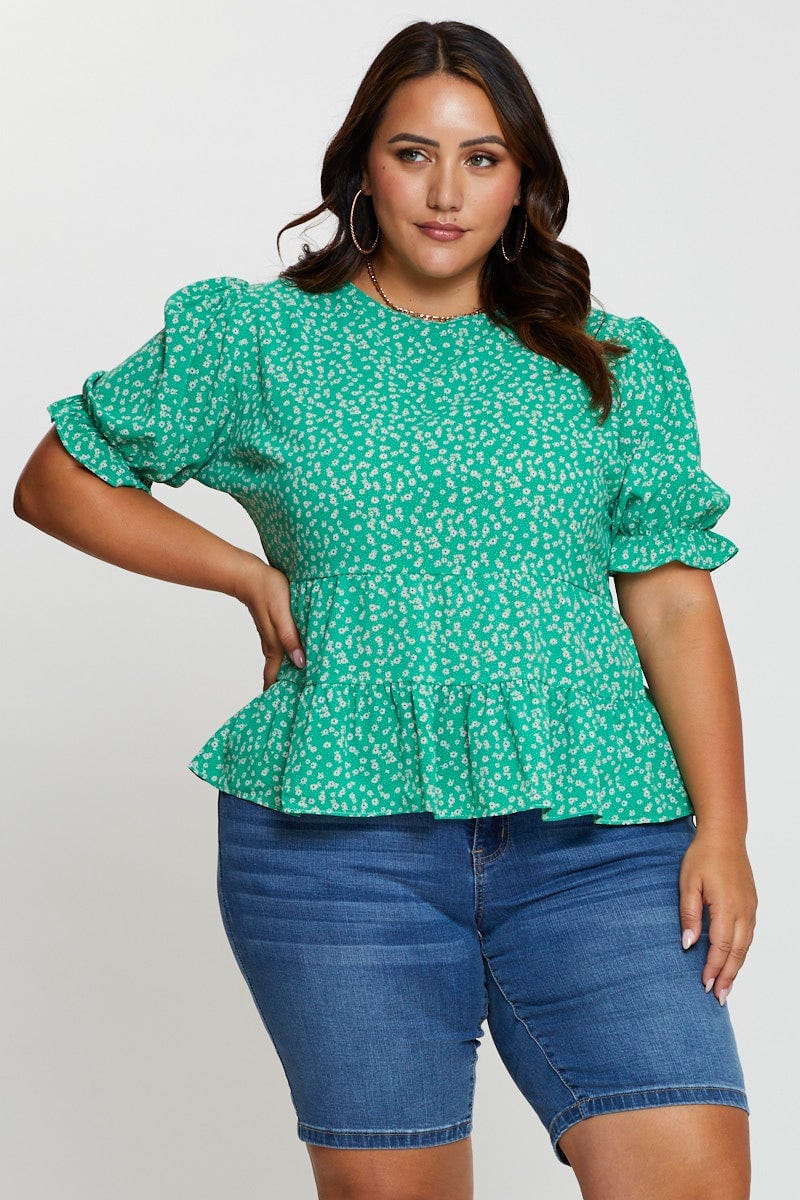 Floral Print Shell Top Short Sleeve Tiered - Image 3
