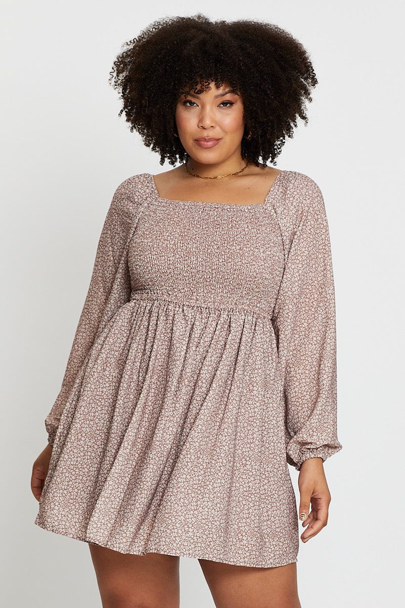 Floral Print Shirred Bodice Print Dress - Image 3