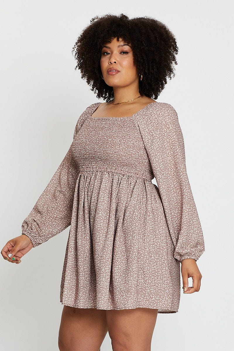 Floral Print Shirred Bodice Print Dress - Image 4