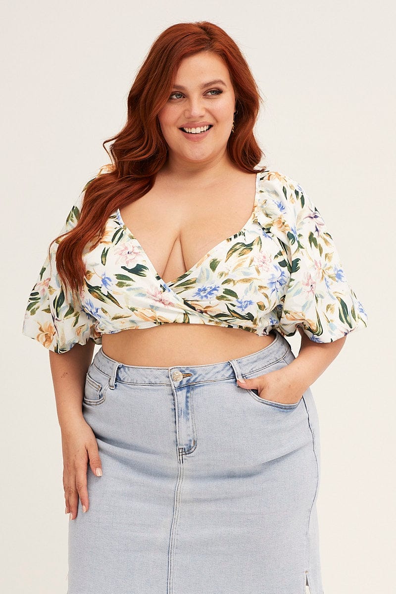 Floral Print Short Puff Sleeve Floral Wrap Jacket - Image 3