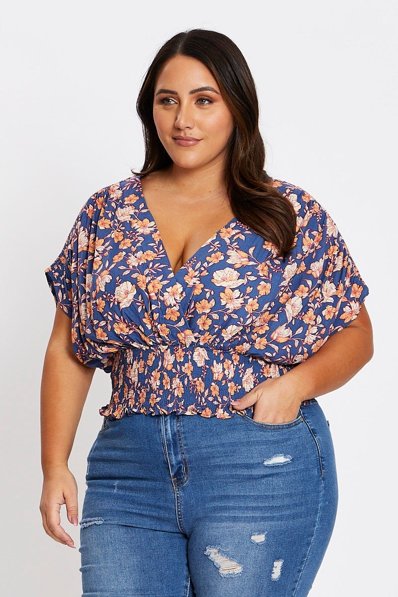 Floral Print Short Sleeve Ruched Detailing Top - Image 3