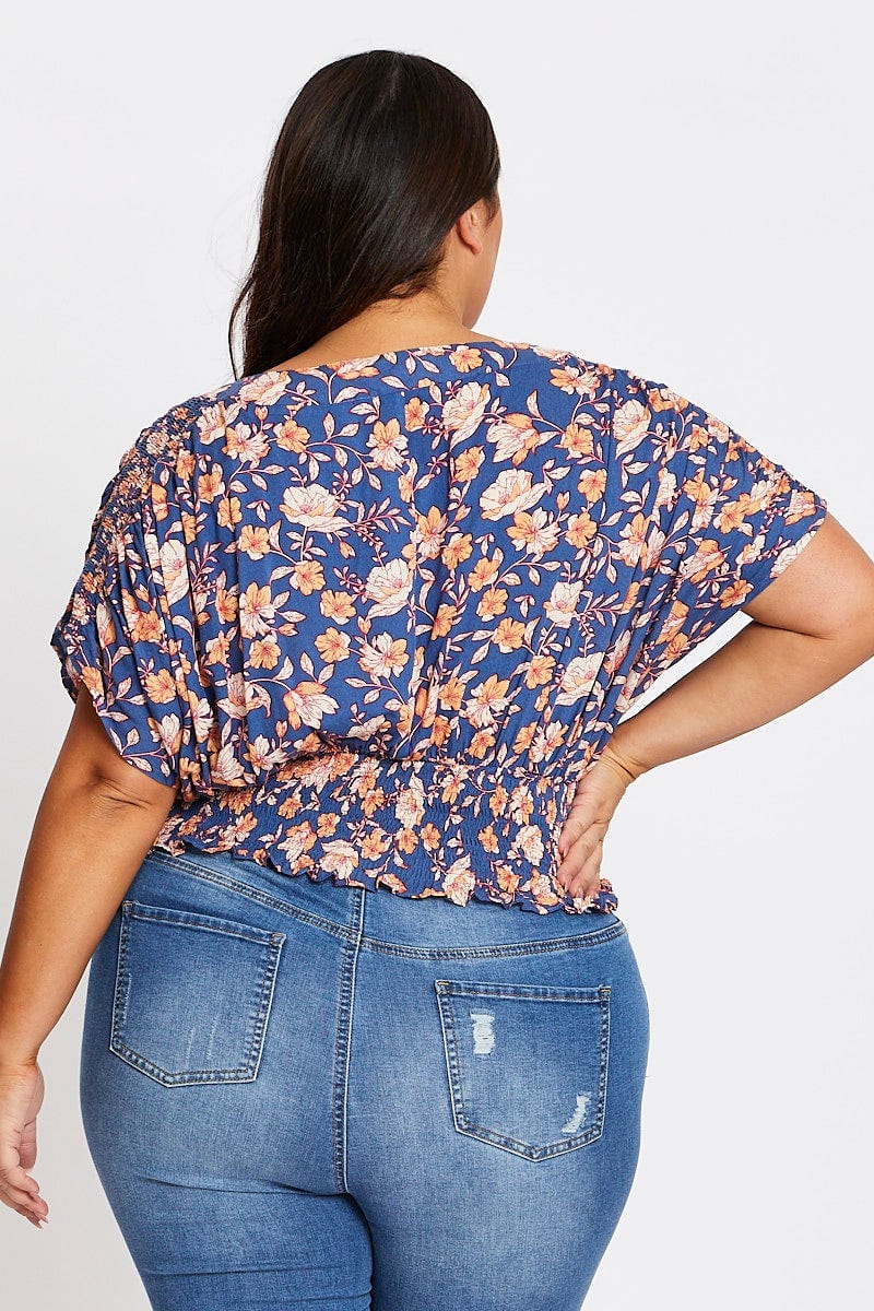 Floral Print Short Sleeve Ruched Detailing Top - Image 5