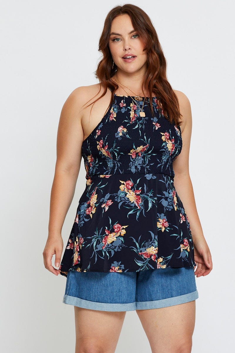 Floral Print Singlet Top Shirred Peplum - Image 3