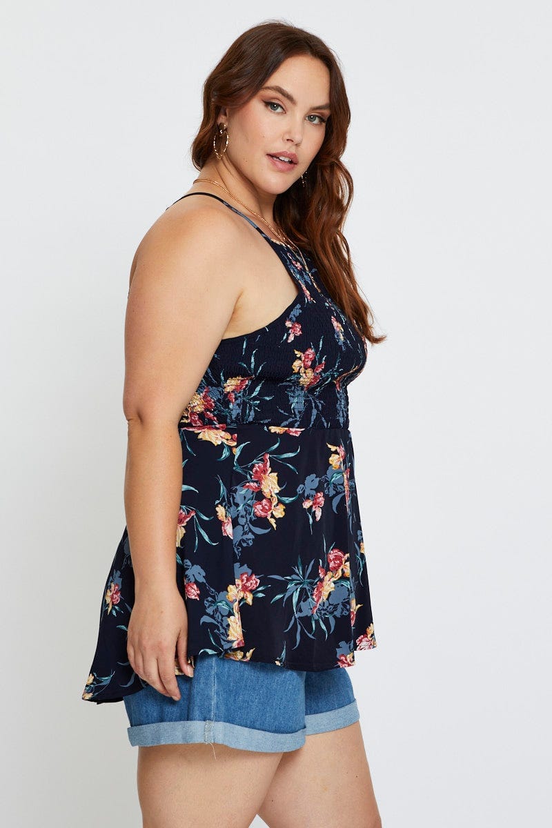 Floral Print Singlet Top Shirred Peplum - Image 4