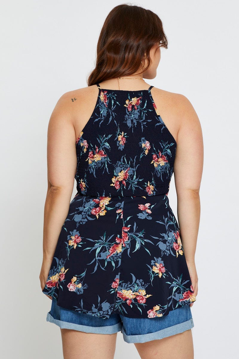 Floral Print Singlet Top Shirred Peplum - Image 5