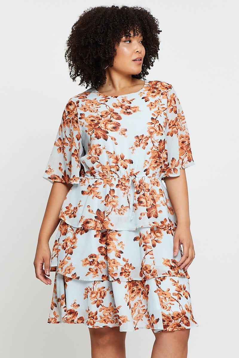 Floral Print Skater Dress Round Neck Long Sleeve - Image 3