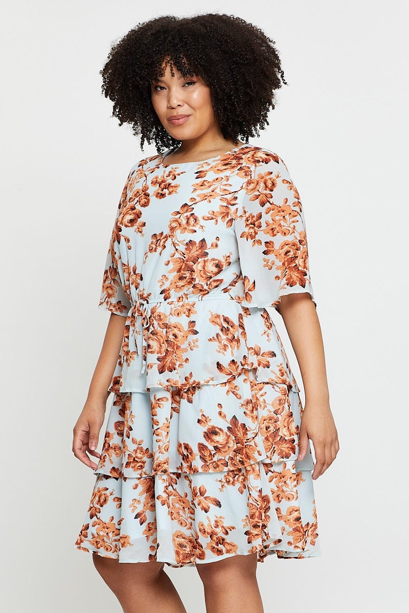 Floral Print Skater Dress Round Neck Long Sleeve - Image 4