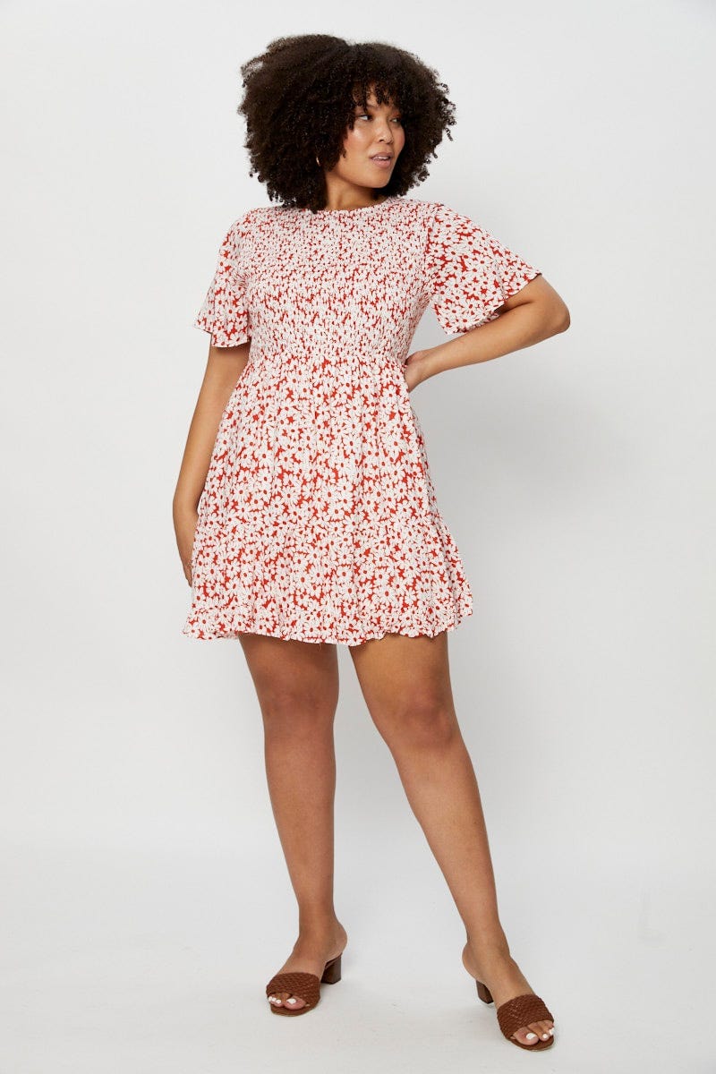 Floral Print Skater Dress Round Neck Short Sleeve - Image 2