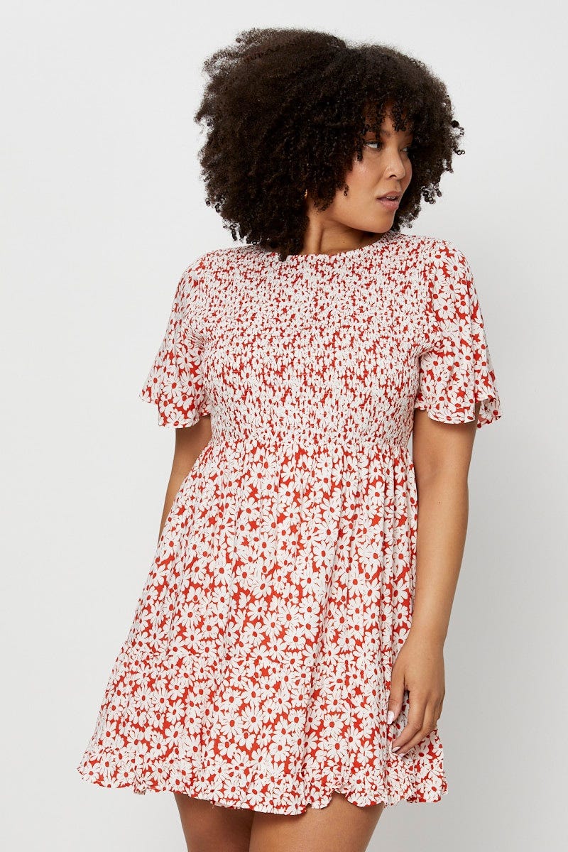 Floral Print Skater Dress Round Neck Short Sleeve - Image 3