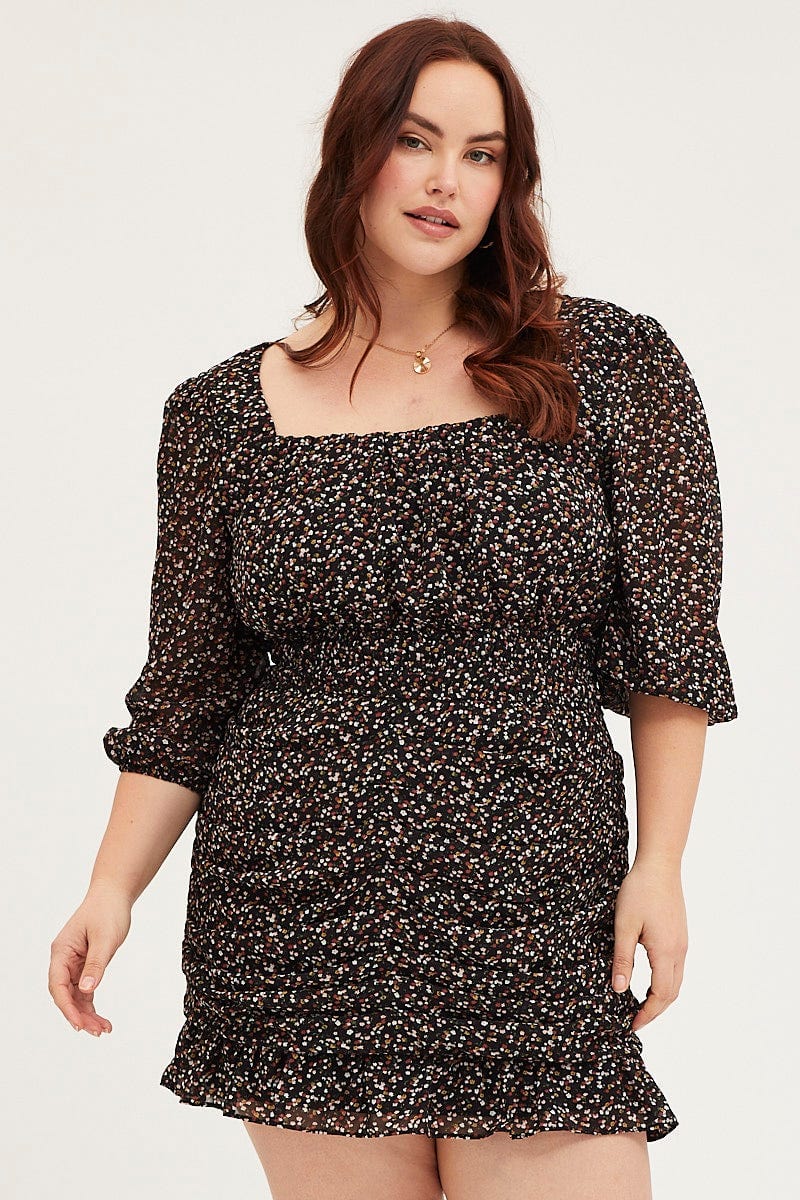 Floral Print Skater Dress Square Neck Long Sleeve - Image 3