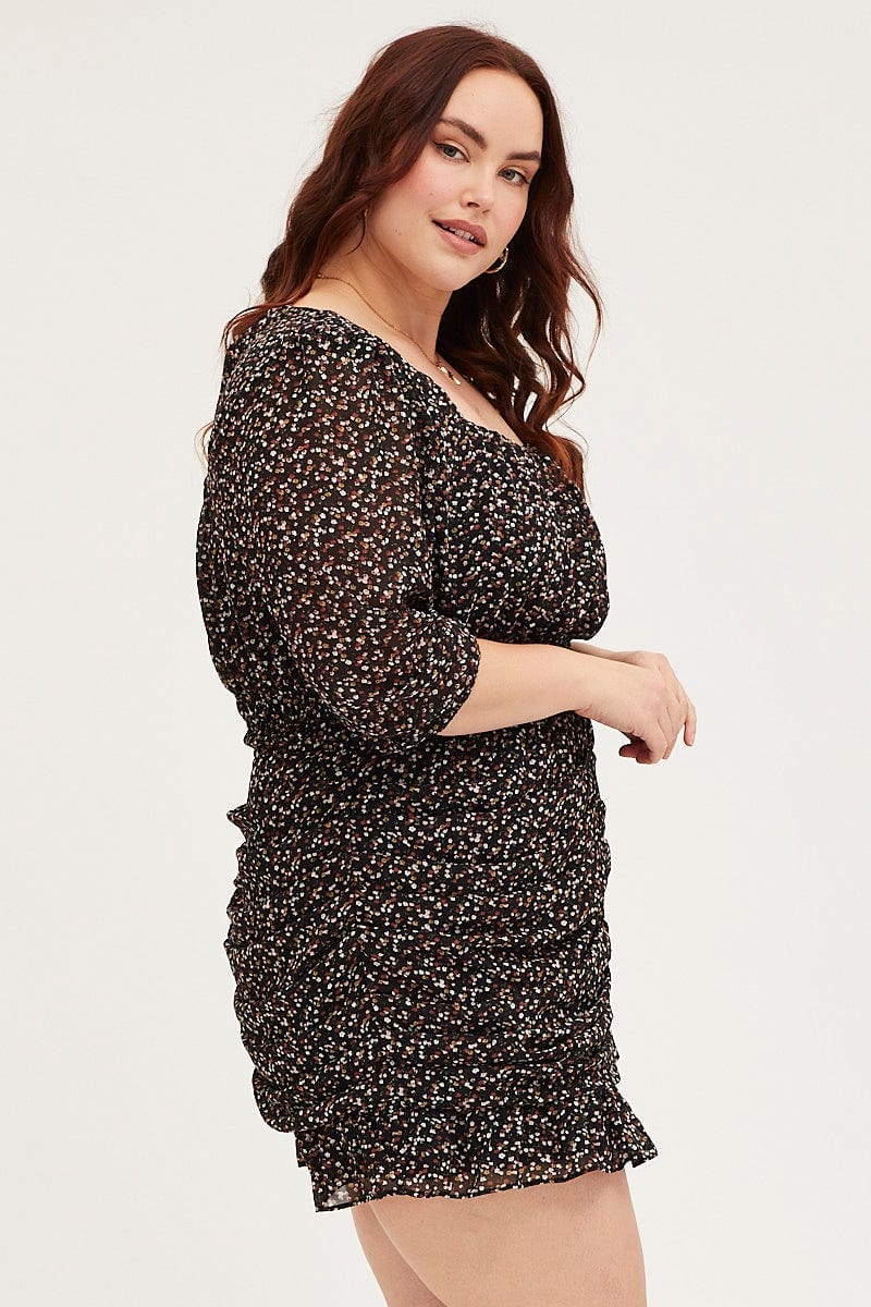 Floral Print Skater Dress Square Neck Long Sleeve - Image 4