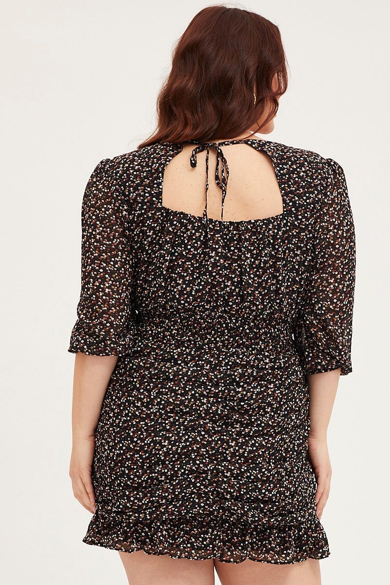 Floral Print Skater Dress Square Neck Long Sleeve - Image 5
