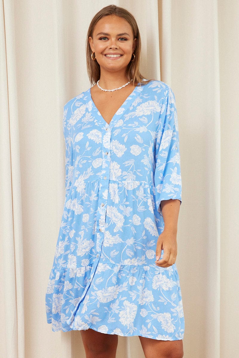 Floral Print Skater Dress V-neck Long Sleeve - Image 3