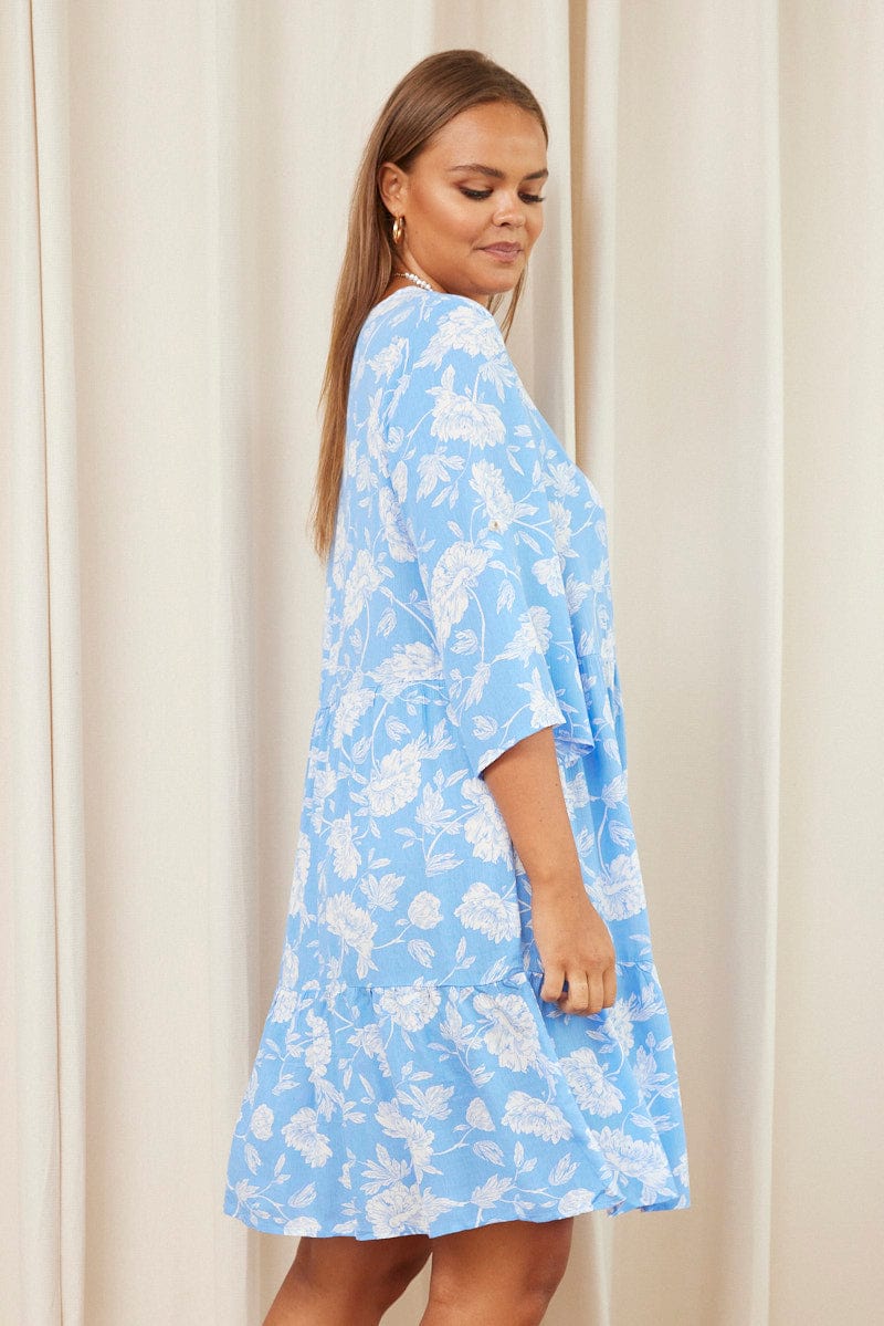 Floral Print Skater Dress V-neck Long Sleeve - Image 4