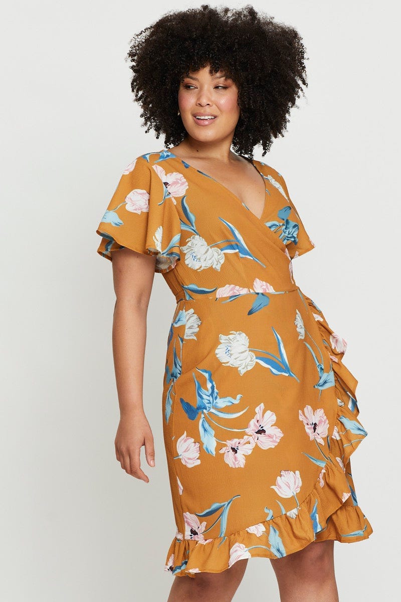 Floral Print Skater Dress V-neck Short Sleeve Ruffle