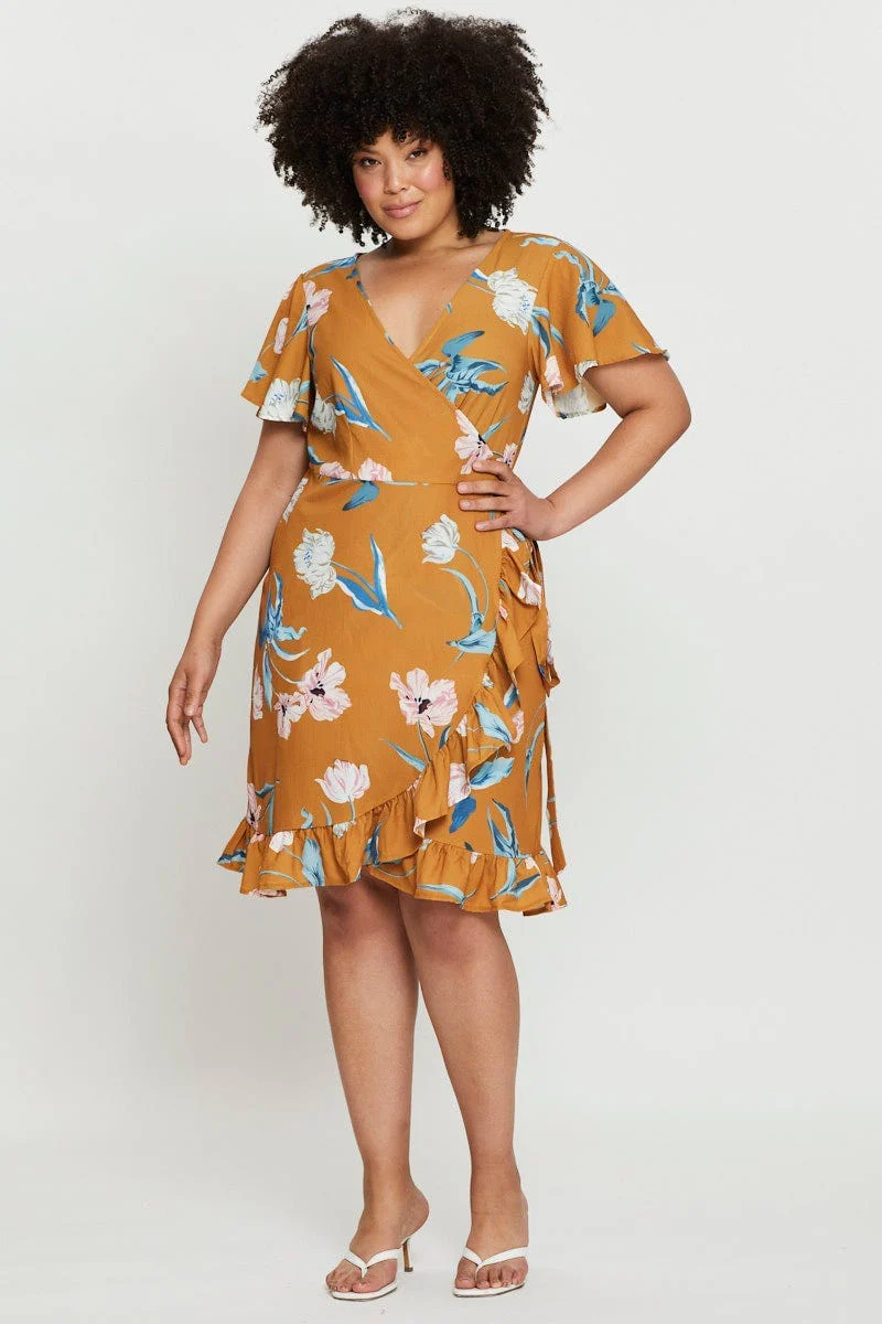 Floral Print Skater Dress V-neck Short Sleeve Ruffle - Image 2