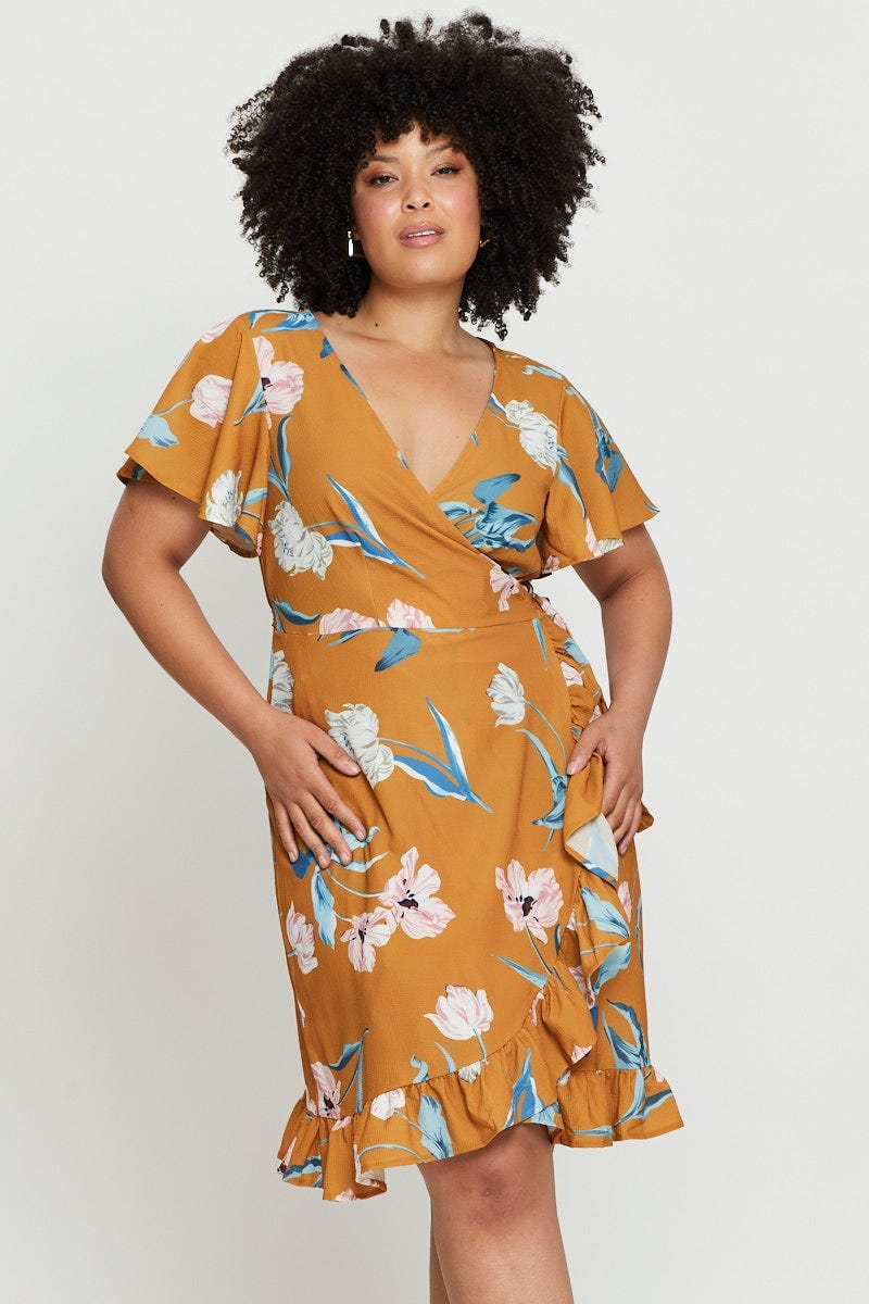 Floral Print Skater Dress V-neck Short Sleeve Ruffle - Image 3