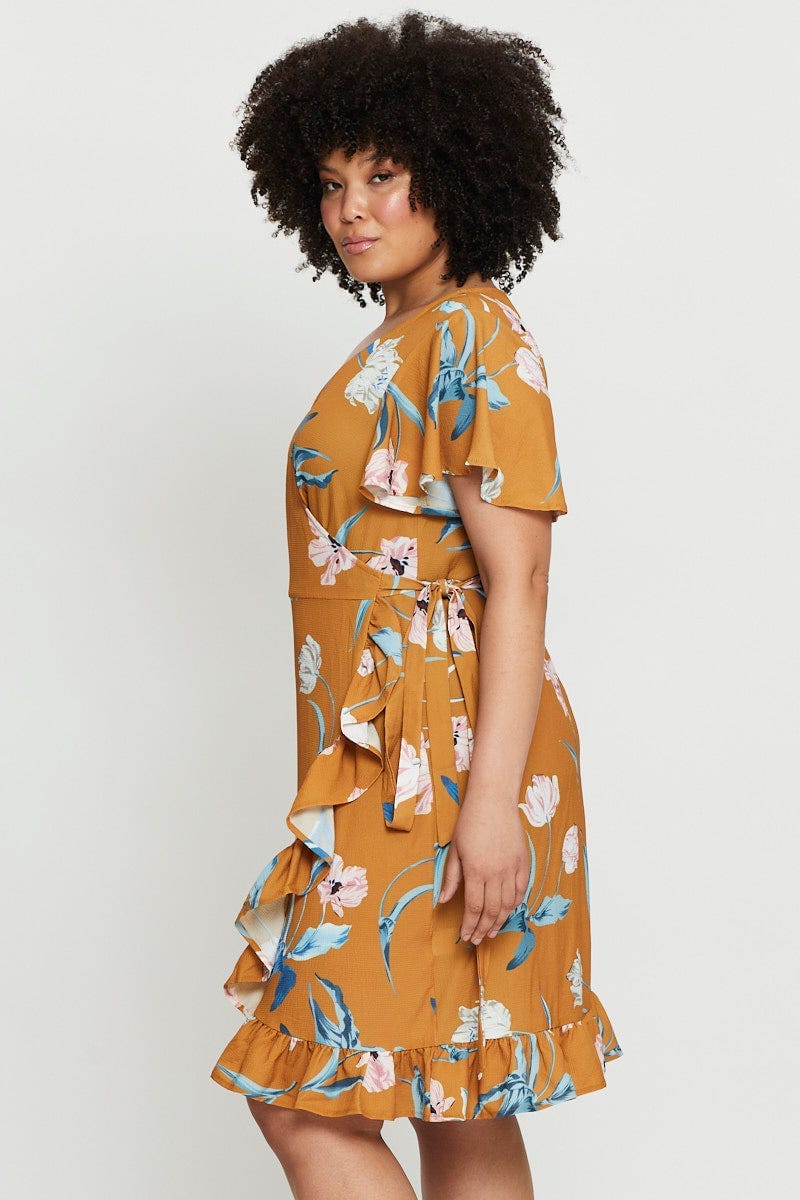 Floral Print Skater Dress V-neck Short Sleeve Ruffle - Image 4