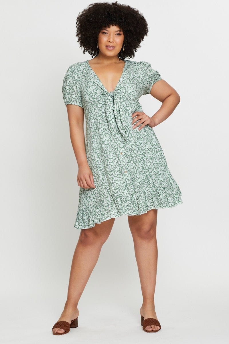 Floral Print Skater Dress V-neck Short Sleeve Tie Front - Image 2