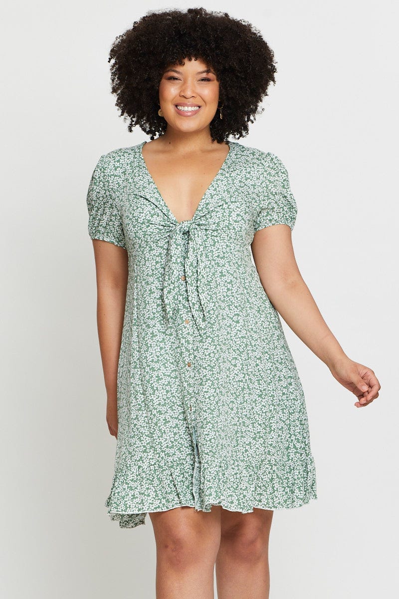 Floral Print Skater Dress V-neck Short Sleeve Tie Front - Image 3