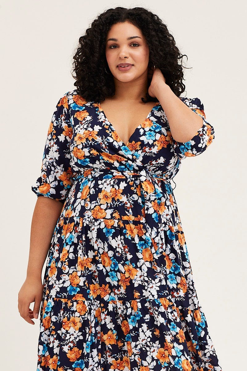 Floral Print Skater Dress V-neck Three-Quarter Sleeve - Image 2