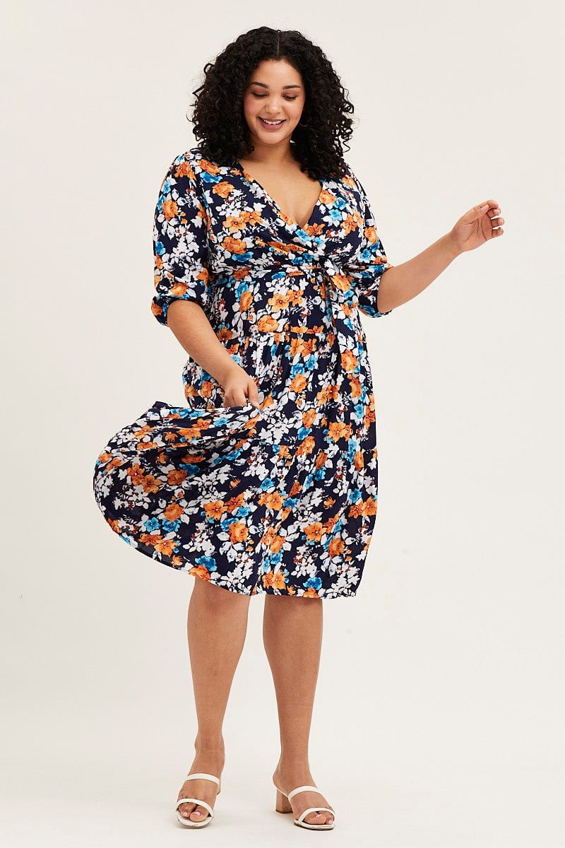 Floral Print Skater Dress V-neck Three-Quarter Sleeve - Image 3