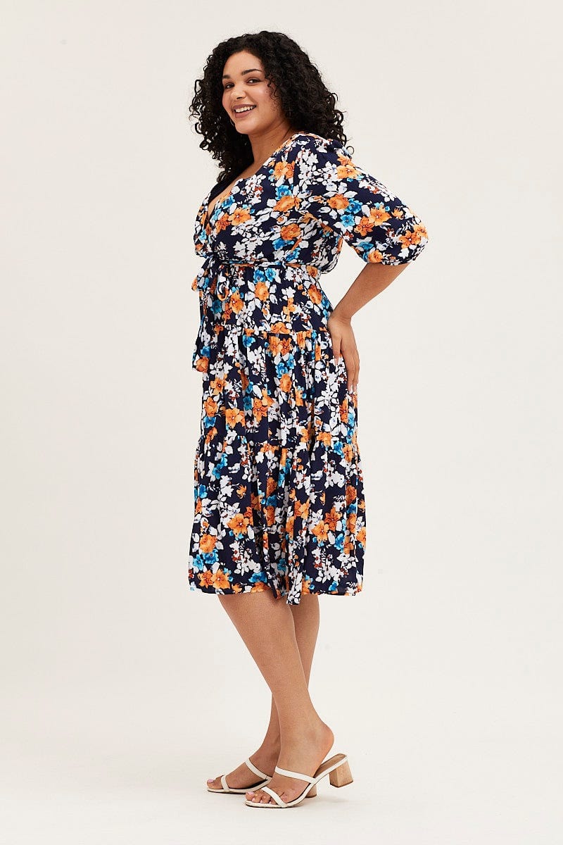 Floral Print Skater Dress V-neck Three-Quarter Sleeve - Image 4