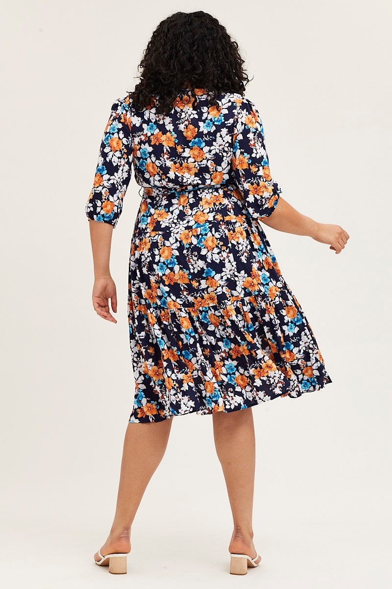 Floral Print Skater Dress V-neck Three-Quarter Sleeve - Image 5
