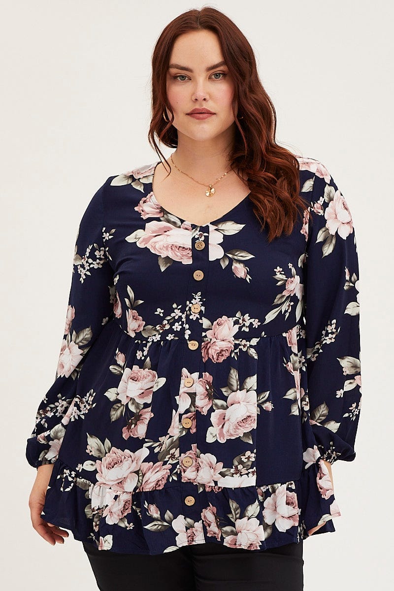 Floral Print Smock Top Long Sleeve Tie - Image 3