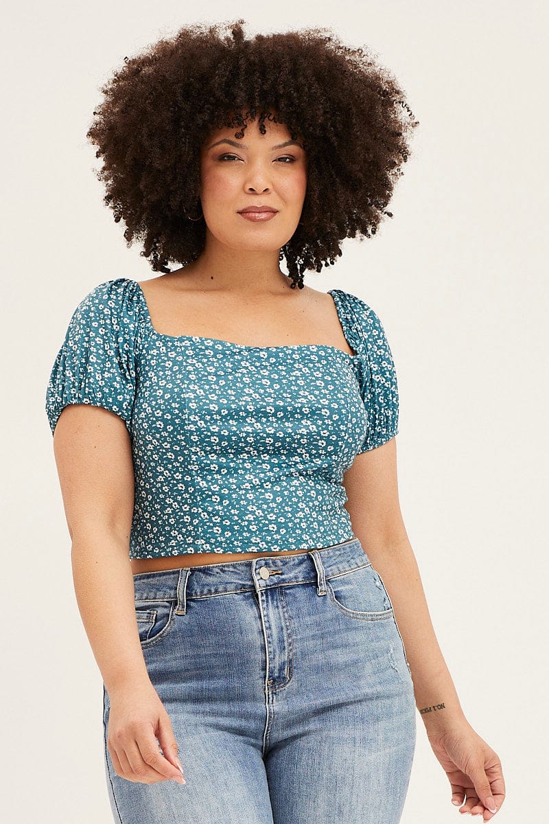 Floral Print Square Neck Puff Sleeve Crop Top - Image 3