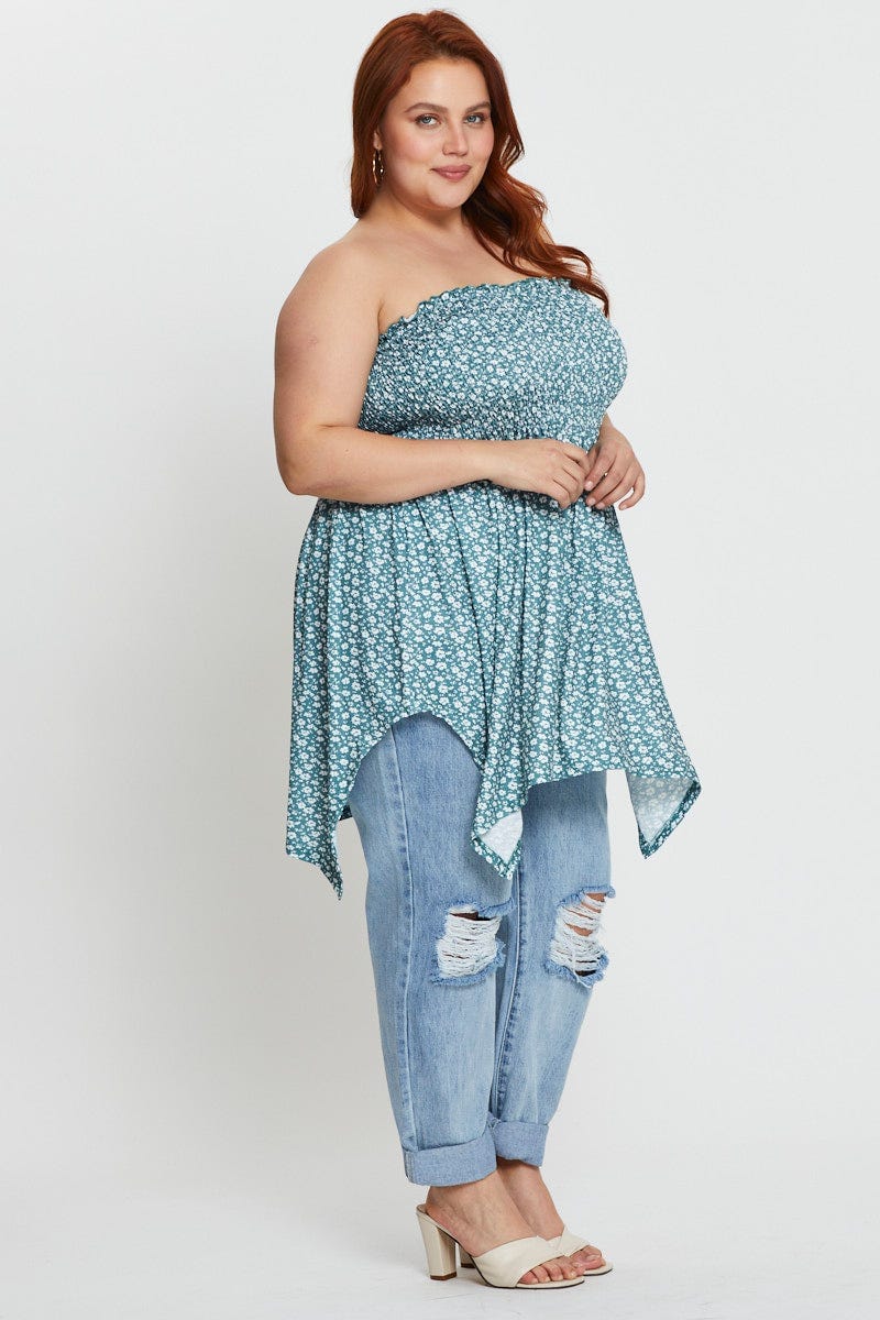 Floral Print Strapless Top Longline Asymmetric - Image 3