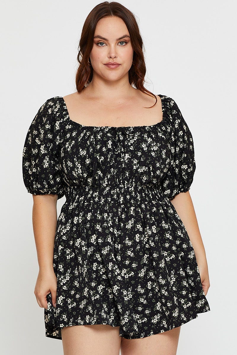 Floral Print Tie Front Playsuit Scoop Neck Puff Sleeve