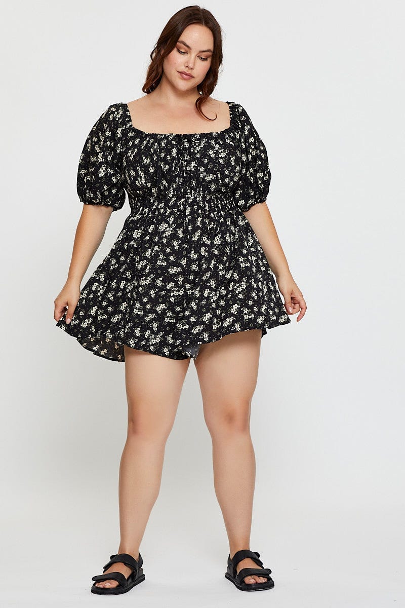 Floral Print Tie Front Playsuit Scoop Neck Puff Sleeve - Image 2
