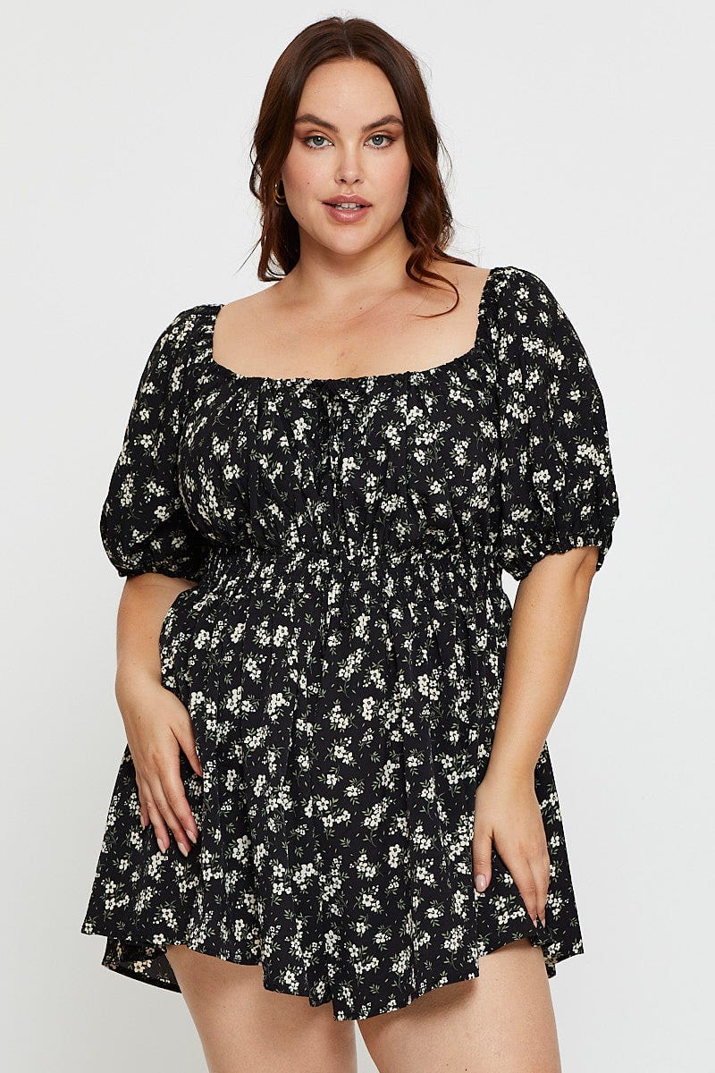 Floral Print Tie Front Playsuit Scoop Neck Puff Sleeve - Image 3